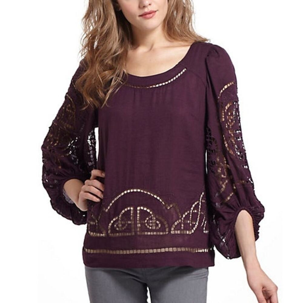 Anthropologie Meadow Rue Embroidered Cut Out Detail Puff Sleeve Flowing Blouse